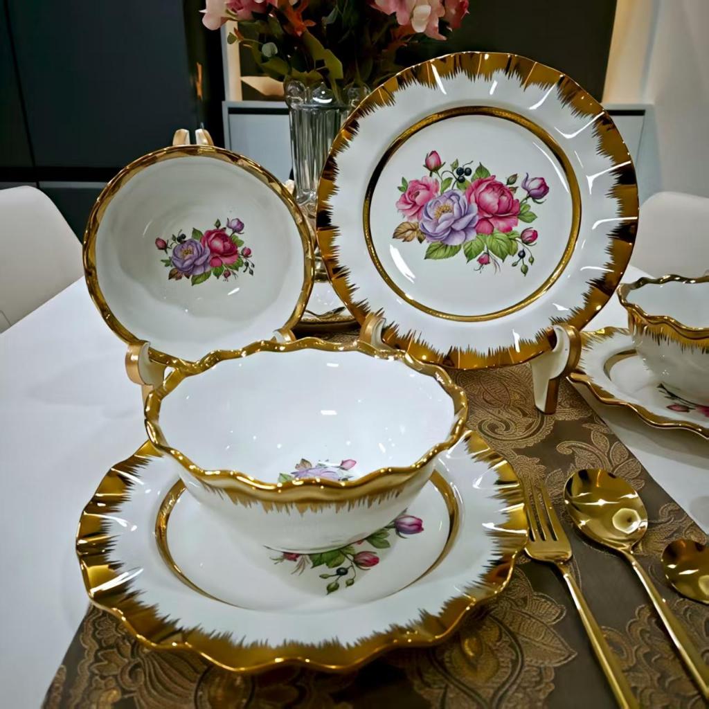 Modern Luxury Executive Dinnerware Ceramic Royal Gold White Tableware Dining Bowl Soup Rice Gift Mewah Pinggan Raya 高端陶瓷