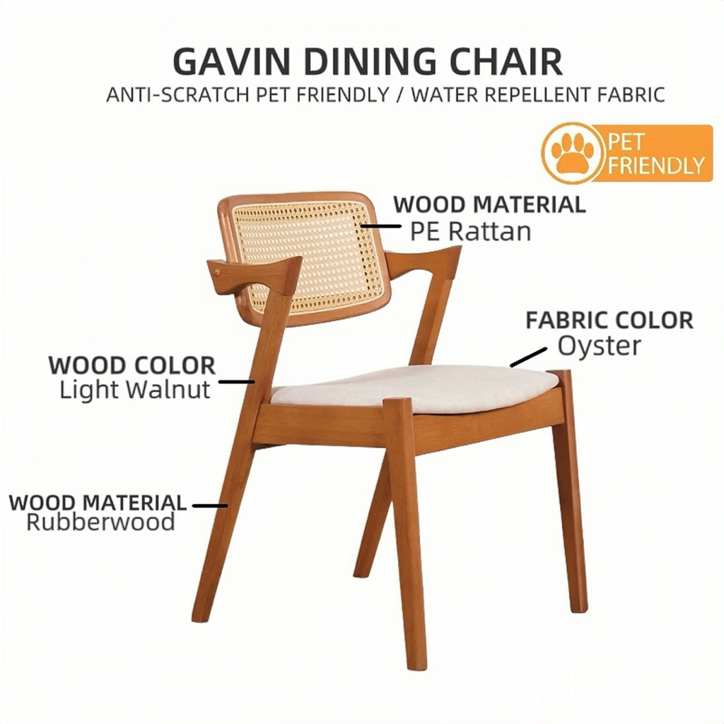 FREE SHIPPING | HS FURNITURE | GAVIN DINING CHAIR | SOLID WOOD | PET FRIENDLY FABRIC | RATTAN MUJI STYLE