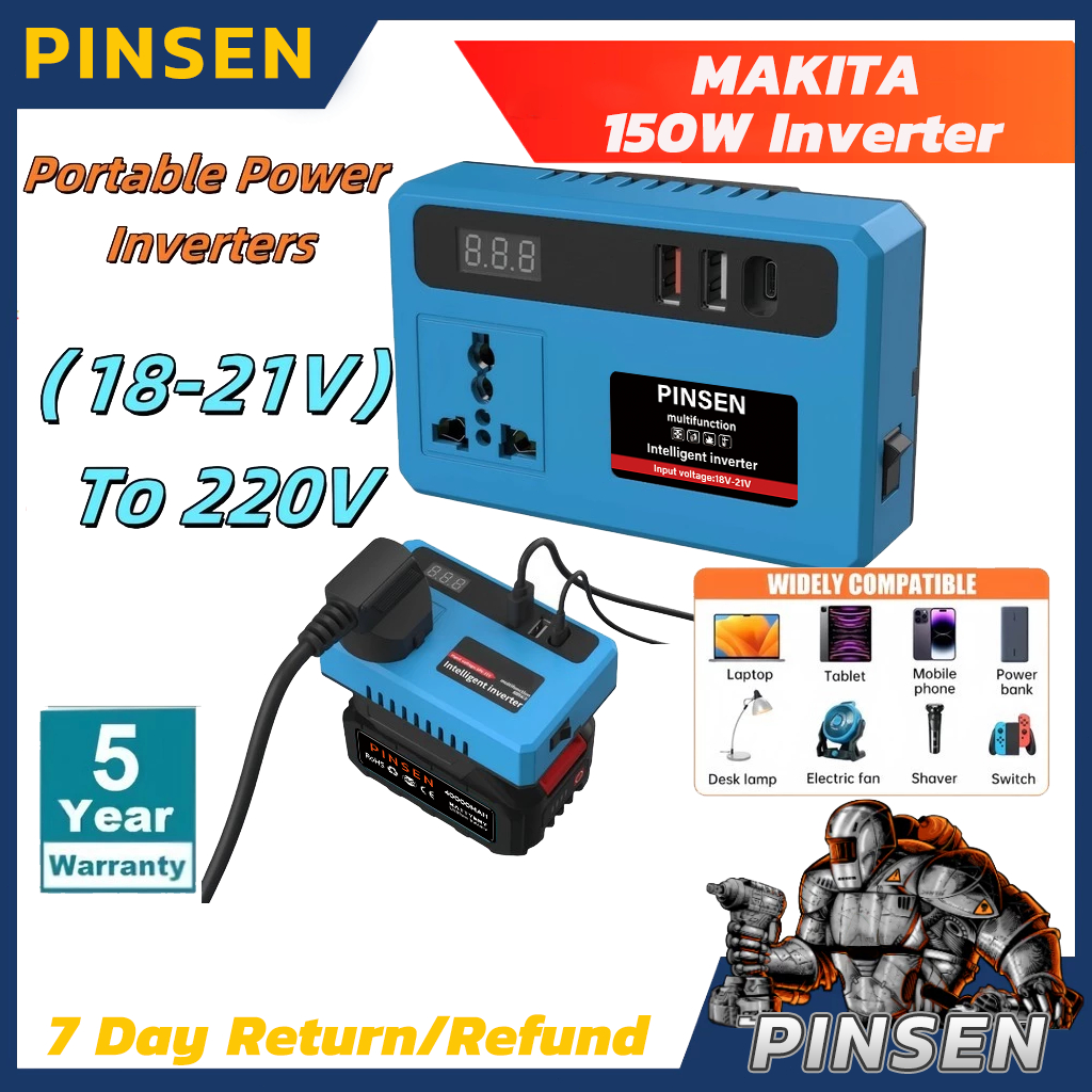 PINSEN MAKITA Portable Power Inverters for 20V Battery Inverter 20v to 220v Converter with Dual USB,AC Outlet and Type-C