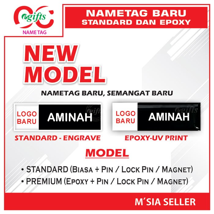 [Beri Nama di Mesej@Chat] Name Tag Hitam Putih Standard / Epoxy dgn Logo Baru  Pin / Magnet, Size 2.5 x 7.5cm