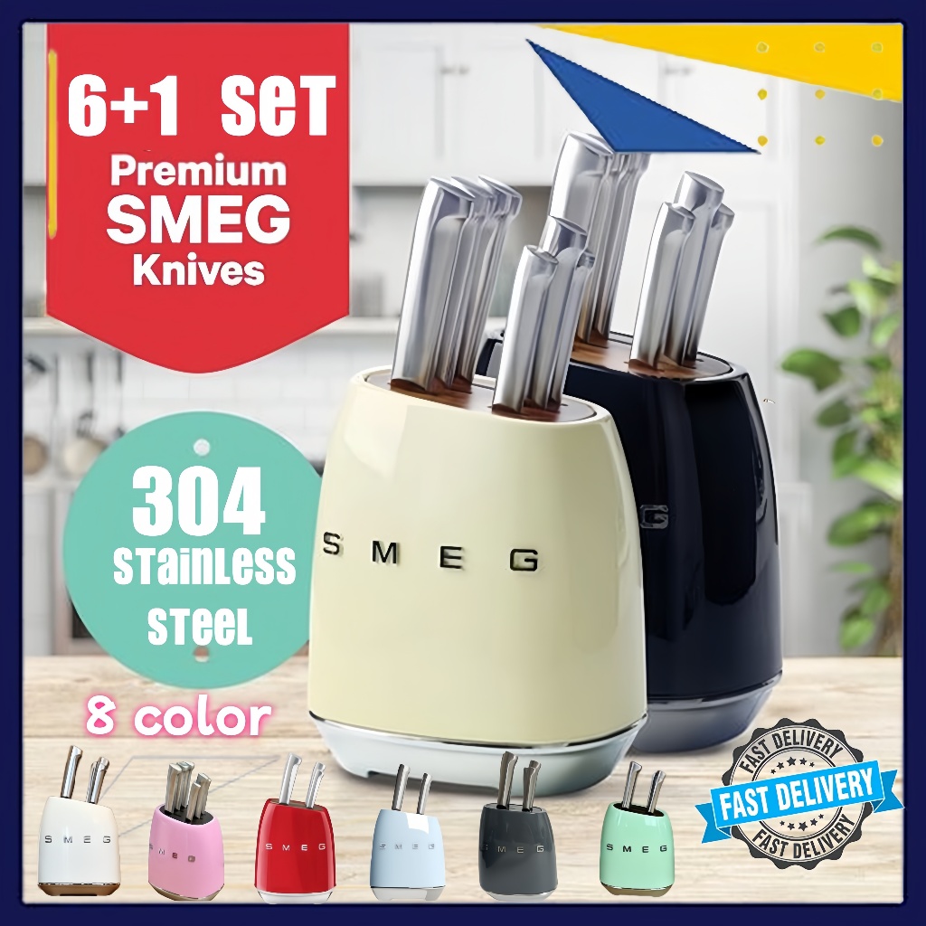 8 colorsSet Pisau SMEG Knife Block Set Cream with 6 Knives Vintage Stainless Steel Home Kitchen Knife 7 Piece Set Gift