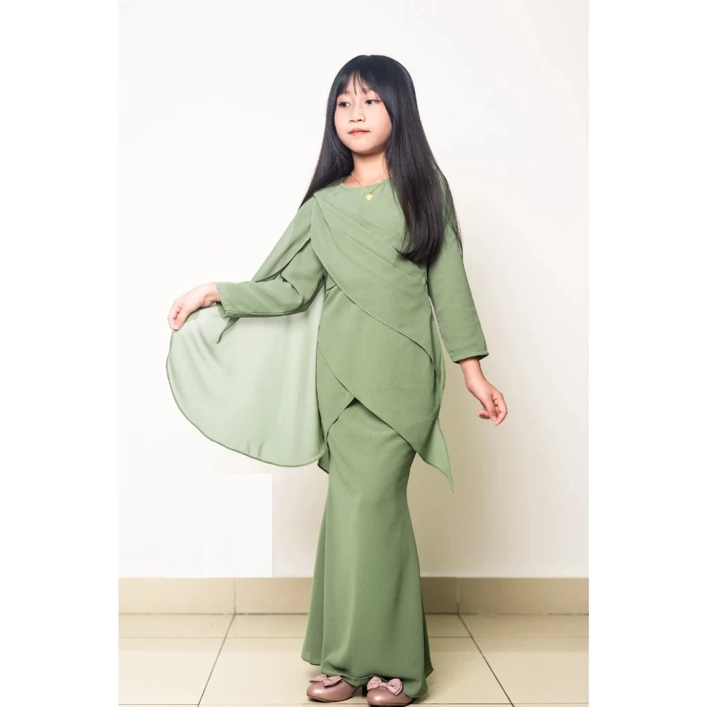Kurung Perempuan Anak Ironless CEY Kurung Norliza Kids Size 2Y-12Y Moden Baju Kurung Diyana Hijau Muda Clothing Ironless