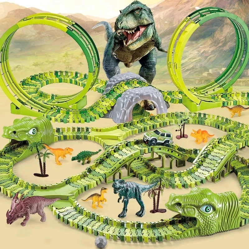 T-rex Jurassic Park World Electric Race Car Track Set Assembly Kids Toys for Boys Dinosaur Scene DIY Railway Train Toy