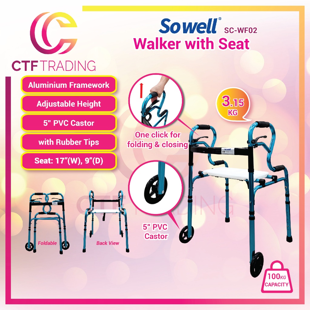 Sowell Aluminium Walker with Seat / 8 Wheels | Foldable, Adjustable Height, Multi-Functional Walking Aid ( Tongkat )