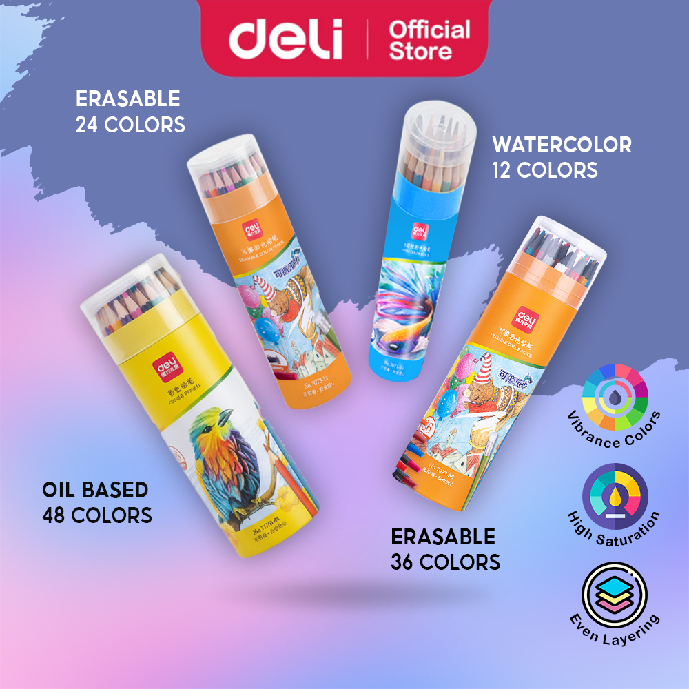 Deli Classic Oil-Based / Water Colour Pencil / Erasable Long Color Pensel - 12/24/36/48 Warna