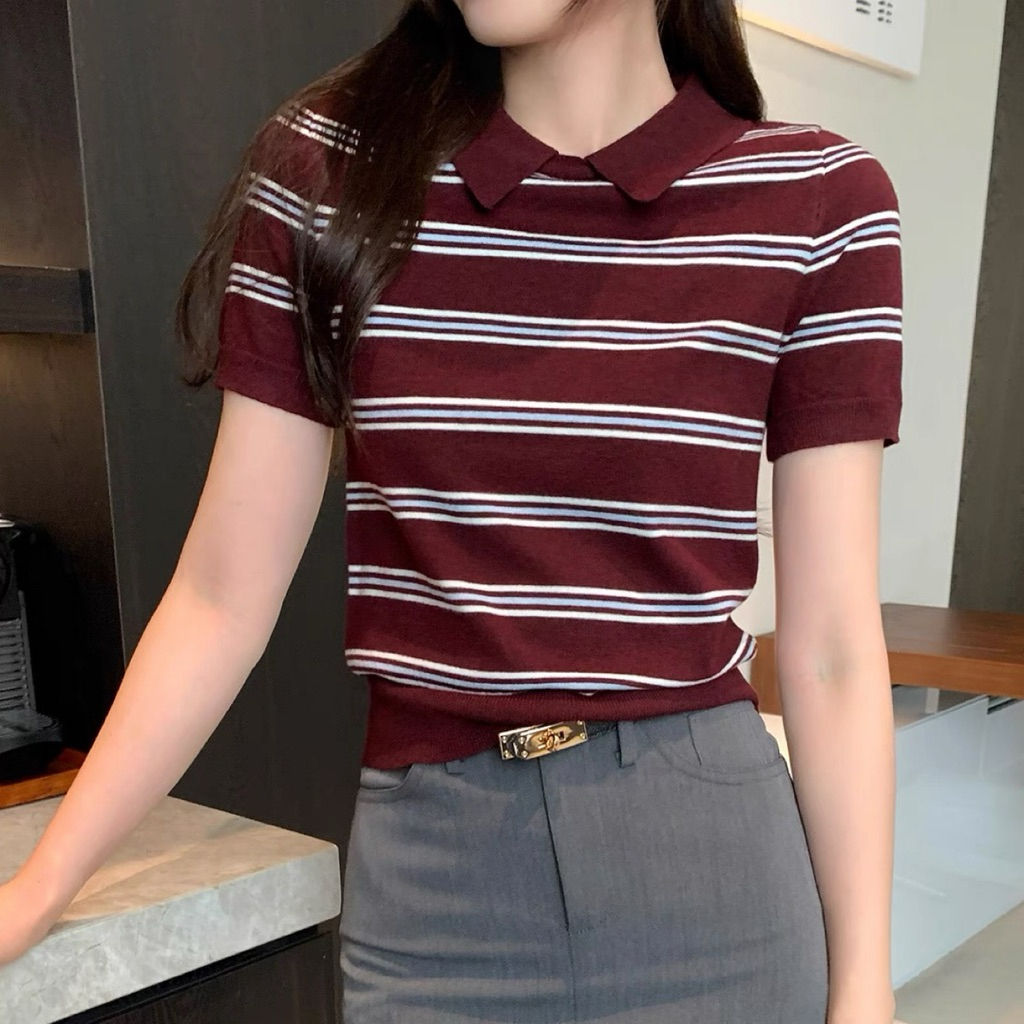 (STOK SEDIA) Aella Striped Knitted Short Sleeve Top T-shirt 百搭撞色复古条纹翻领短袖宽松针织上衣T恤 READY STOCK