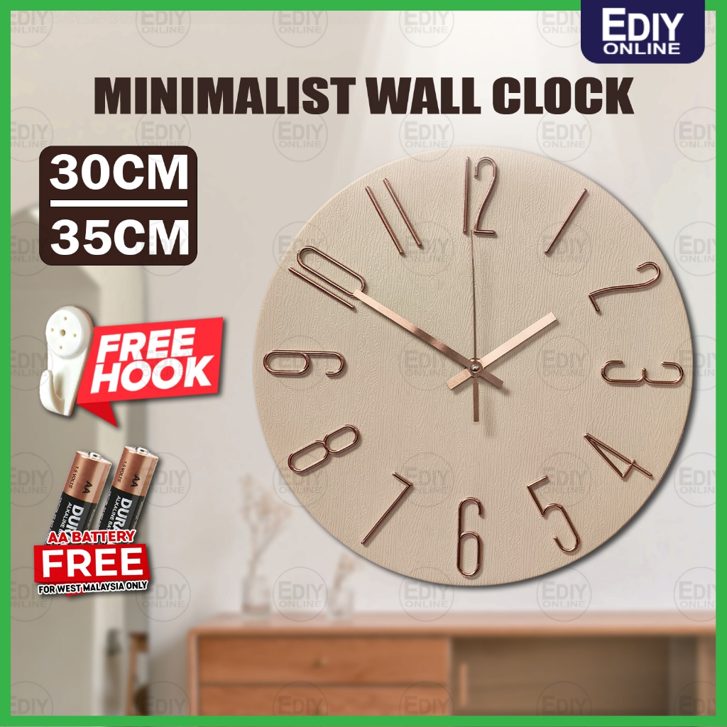 30cm 12inch Muji IKEA Minimalist Frameless Wall Clock Luminous Quartz Education Jam Dinding Rumah Wooden Digital Alarm