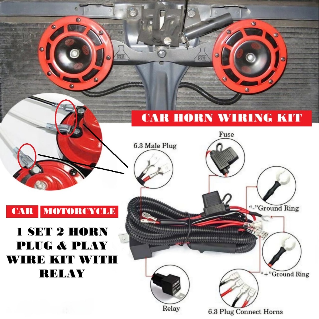 Car Horn Wire Kit Wiring Harness Cable Relay Fuse 12V BM Horn Siput Hon Motorcycle Wayar Hon Kereta