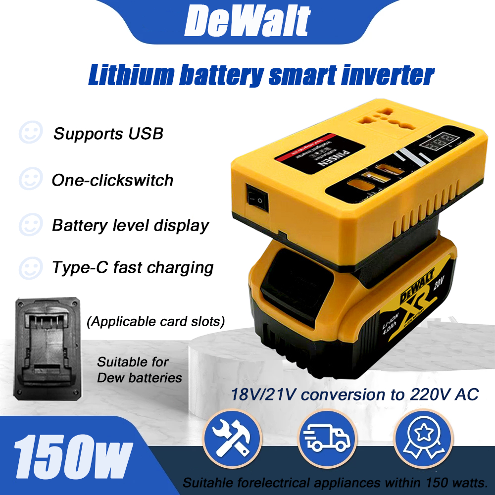 DeWalt 18V/20V to 220V 150W Power-Bank Inverter – USB-C 65W Fast Charge, Universal Socket, LED Gauge, Pocket-Sized