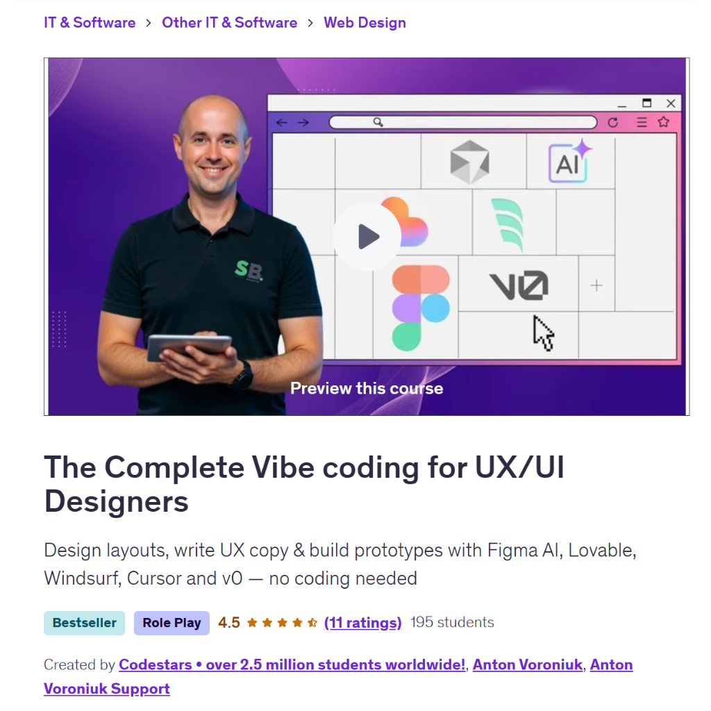 Vibe Coding Video Course-The Complete Vibe coding for UX/UI Designers | Coding With Ai Coding Video Lessons