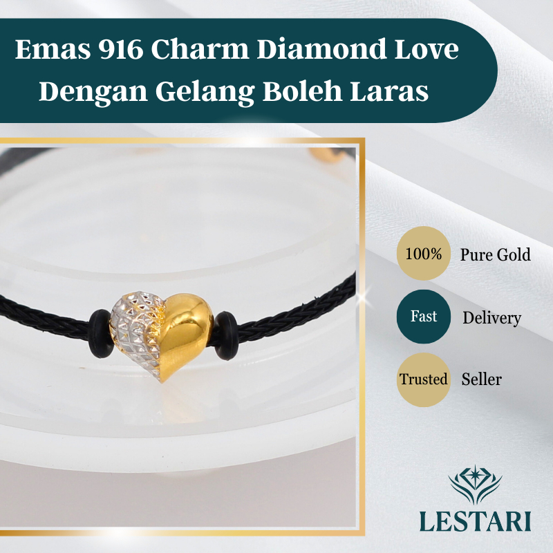 Emas 916 Charm Diomand Love Gelang Boleh Laras 2.0mm I 916 Gold Diomand Love Charm Adjustable Bracelet｜916黄金碎钻可调节手链