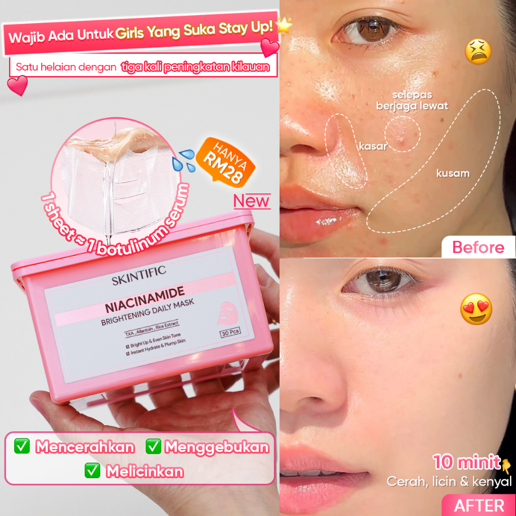 SKINTIFIC Niacinamide Glowing Mask Face Mask Skincare Sheet Mask Hydrating Brightening Smooth Essense 美白面膜
