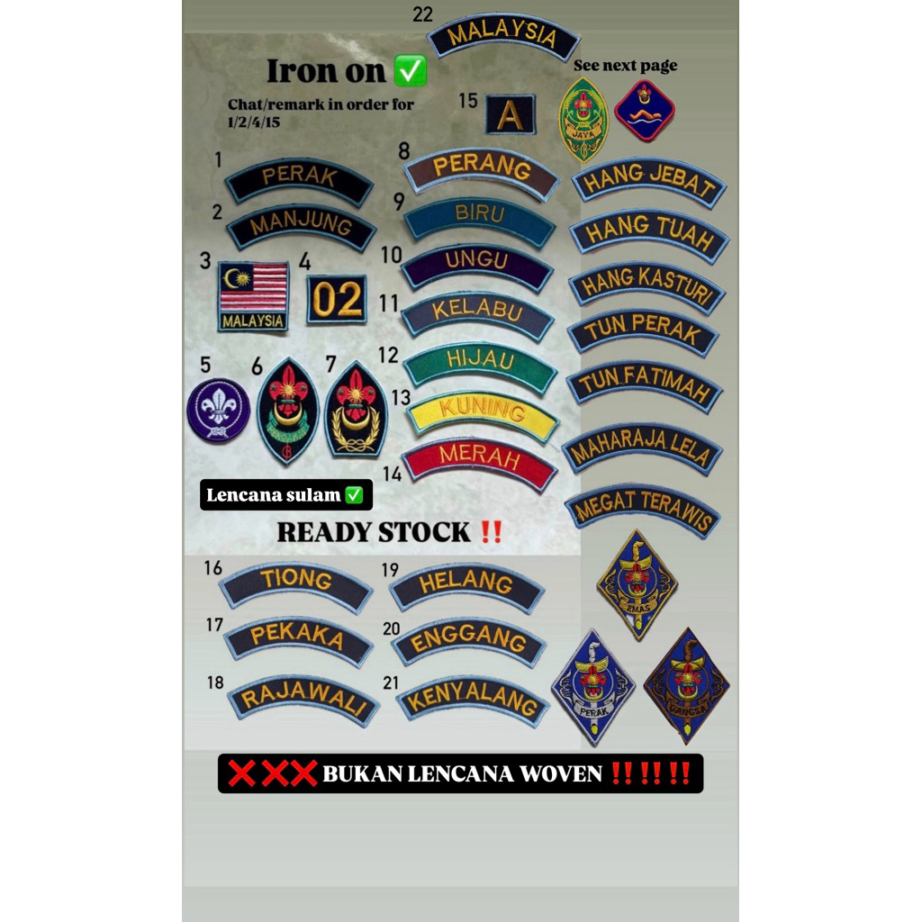 READY STOCK 1pc SULAM IRON ON Pengakap Lencana Bahu Dunia Keahlian Topi Nombor Warna Abjad Negeri Daerah Sekawan