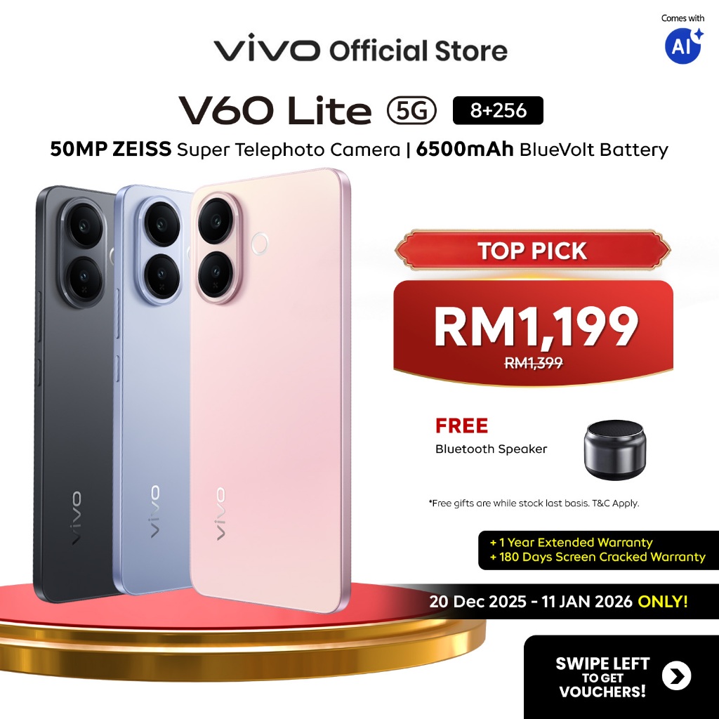 [Online Exclusive] vivo V60 Lite 5G 16*GB+256GB 50MP ZEISS Super Telephoto Camera 7360-Turbo Powerful Dimensity AI Aura
