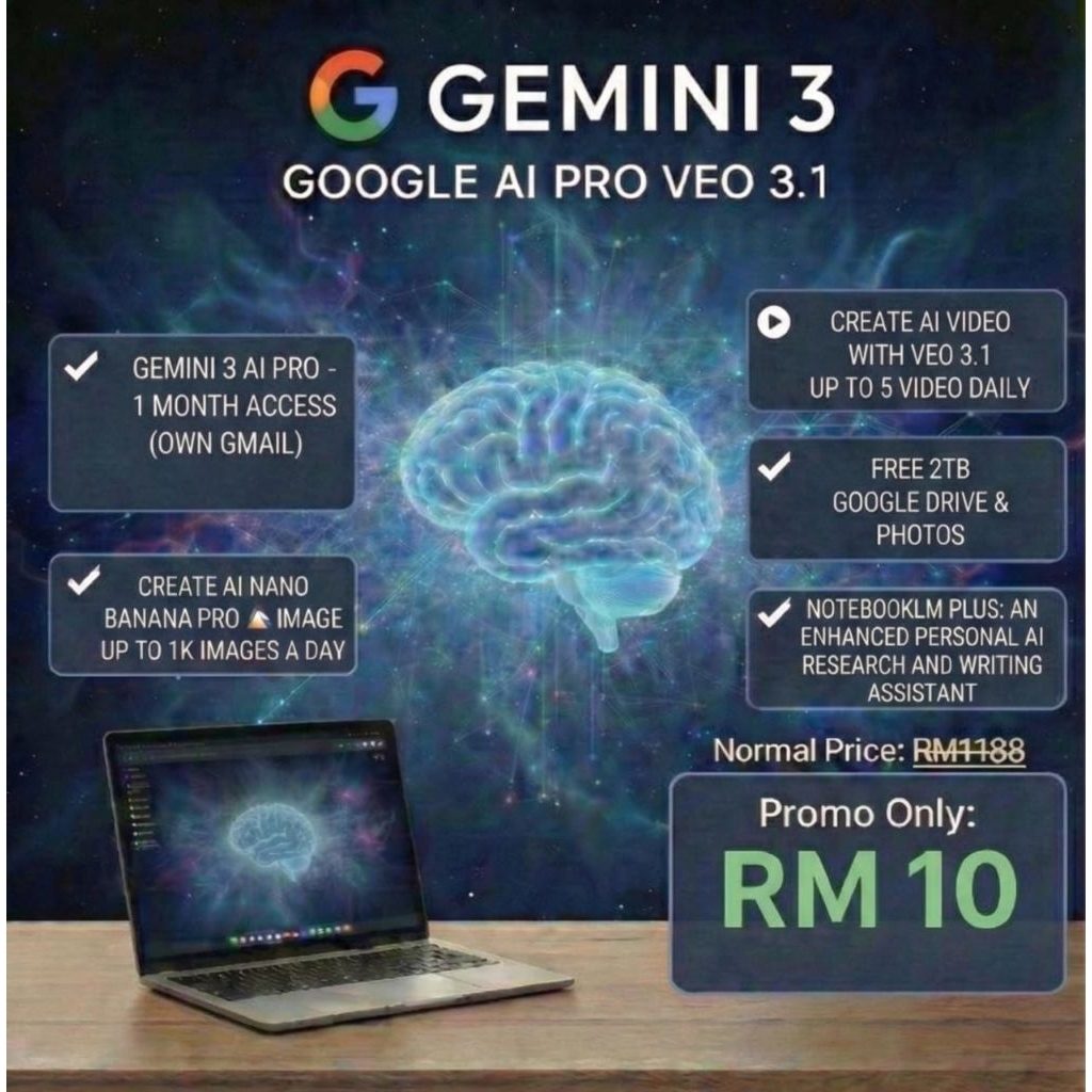 Google Gemini AI Pro 3 + Veo 3.1 , Nano Banana Pro (1 Year) | Own Gmail Account | Google Drive 2TB | AI Video Generation