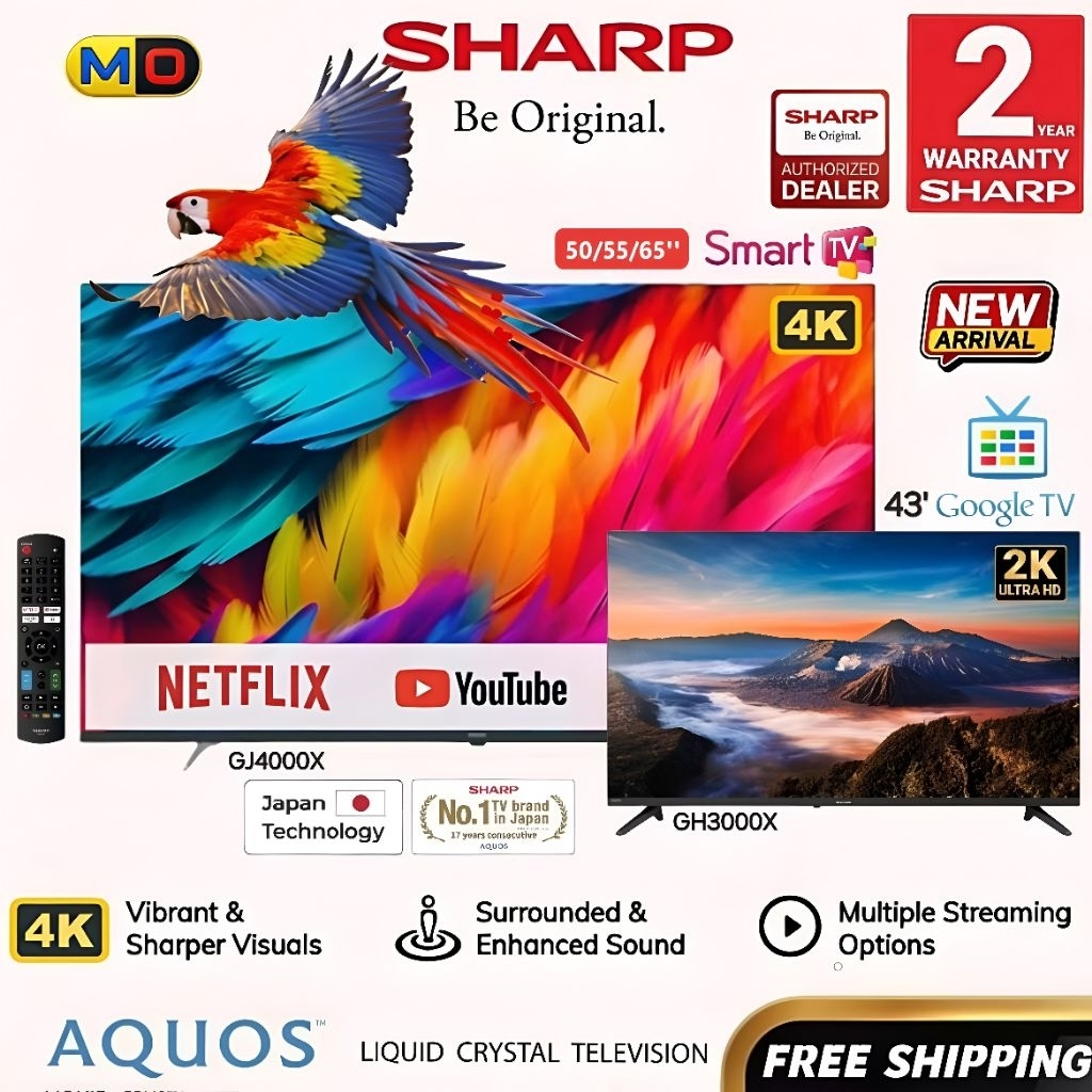 (FREE SHIPPING) SHARP 4K Google TV UHD 2TC43GH3000X TV / 4TC50/55/65GJ4000X Series 4K Smart TV Youtube Netflix