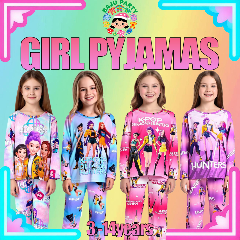 Kpop Demon Hunters Huntrix Girls Cartoon Pyjamas Baju Tidur Cotton Budak Perempuan Sleepwear Set Baju Tidur Anak