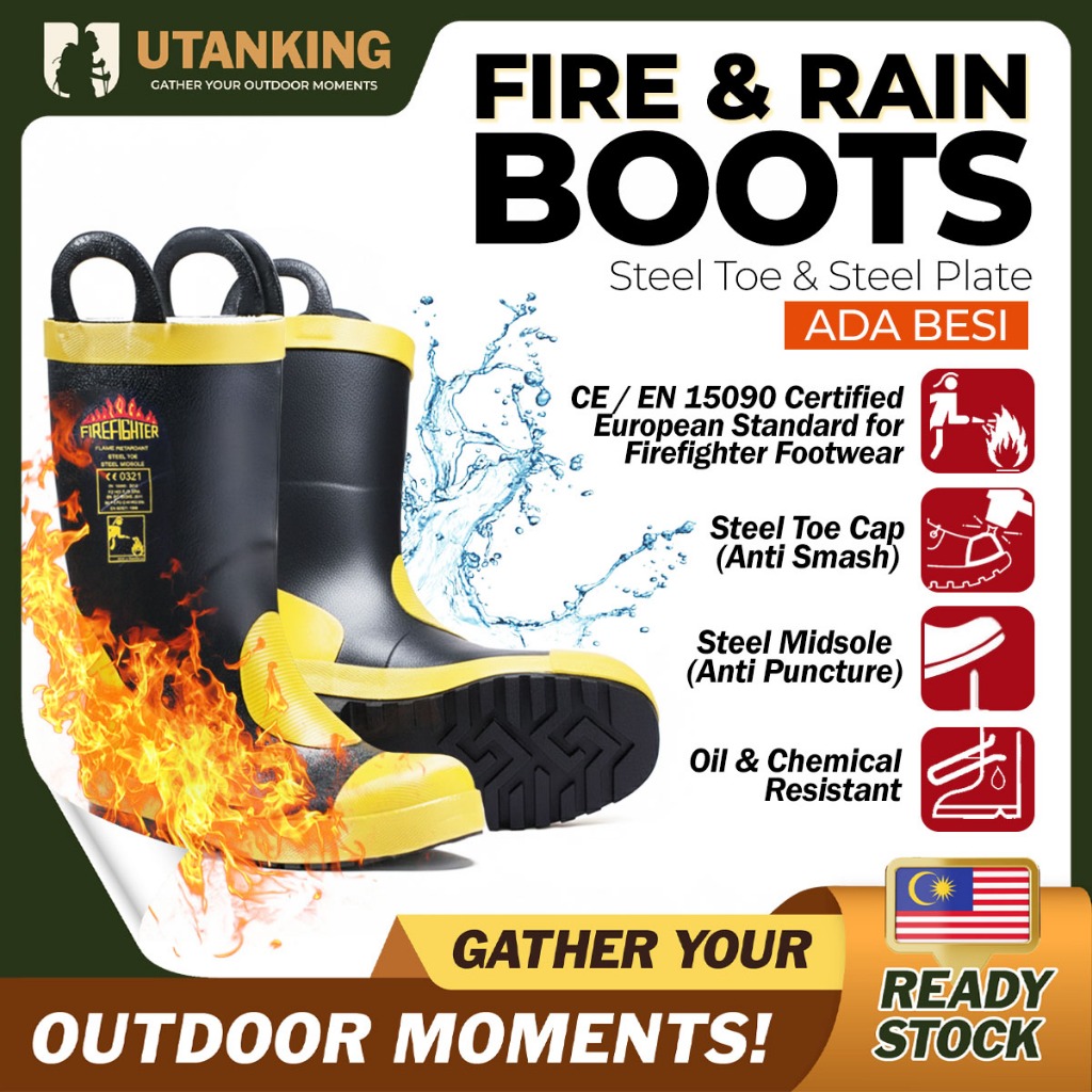 UtanKing™ Firefighter Boots Kasut Getah Besi Bomba Waterproof Rubber Safety Shoe Fire Rescue Boot