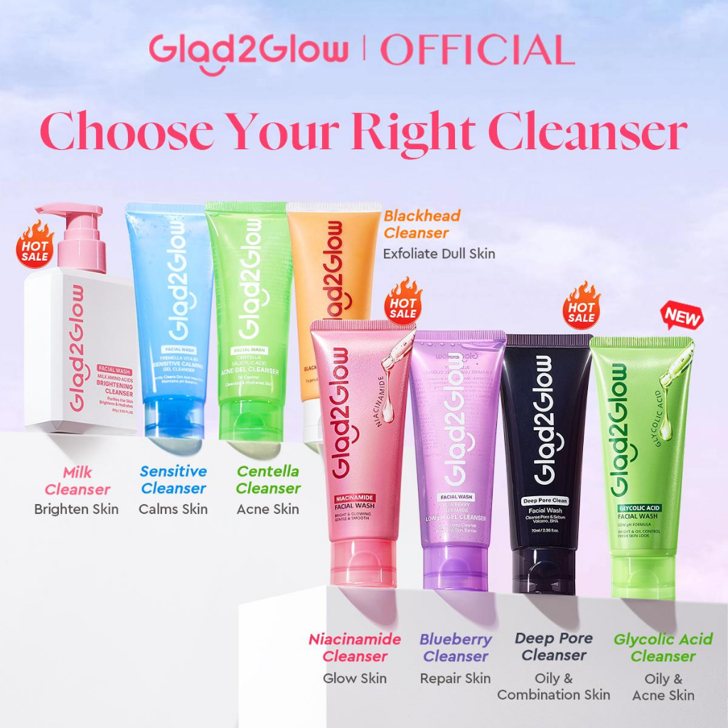 Glad2Glow Cleanser Milk/Low Ph Gel/Acne Acid/Exfoliating/Sensitive Gentle Face Wash pencuci muka Facial All Skin Type