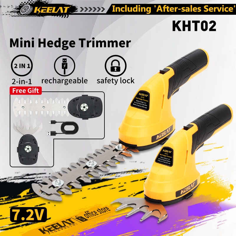 KEELAT KHT02 7.2V Mini Hedge Trimmer 2 in 1 Grass Shrub Shear Rechargeable Mesin Potong Rumput Trim Pokok