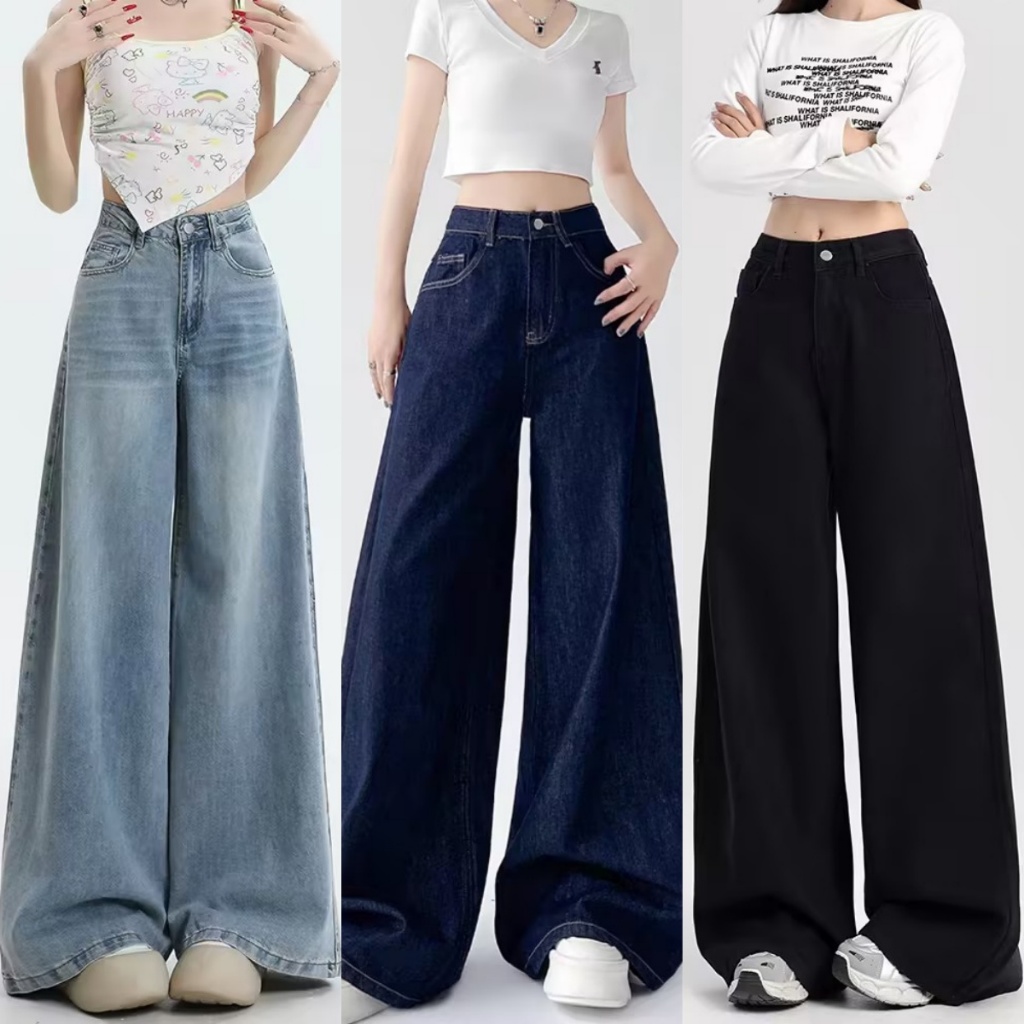 ✨【READY STOCK】Bella Korean-style loose wide-leg denim pants Solid Color Curved Sword Pants (Multicolor)