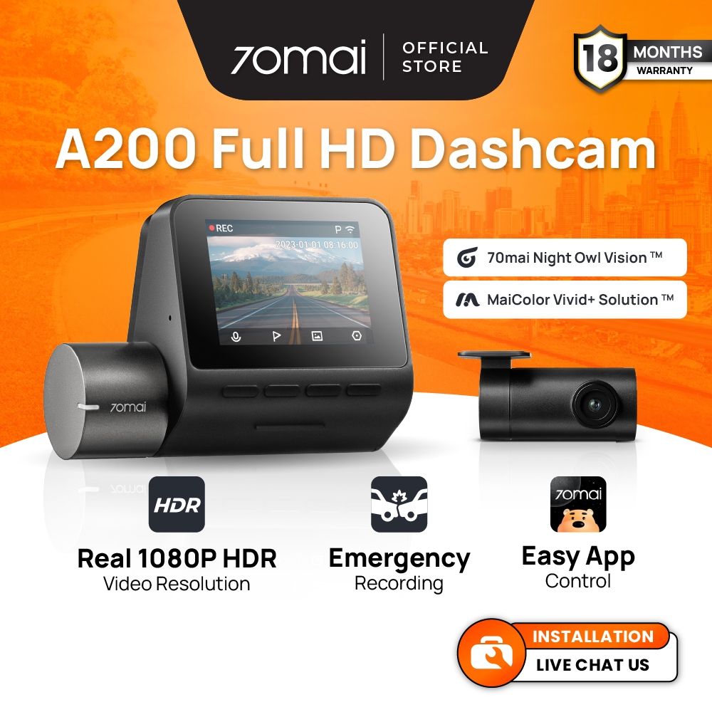 70mai A200 Dashcam 1080P Full HD Resolution + HDR | Dual Channel Recording | App Control | 24H Parking Surveillance |