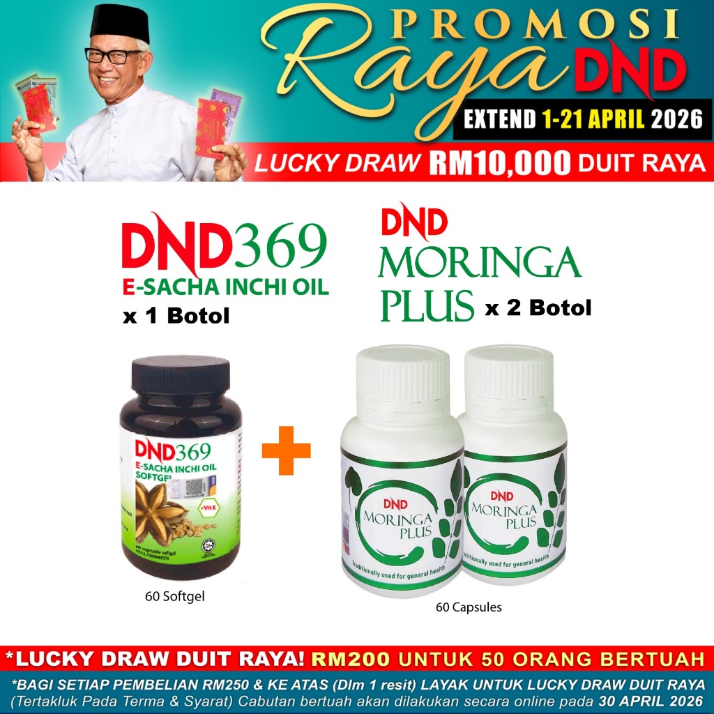 DND Moringa Plus (2 Botol x 60 Biji) + DND 369 E-Sacha Inchi Oil Softgel (1 Botol x 60 Biji)