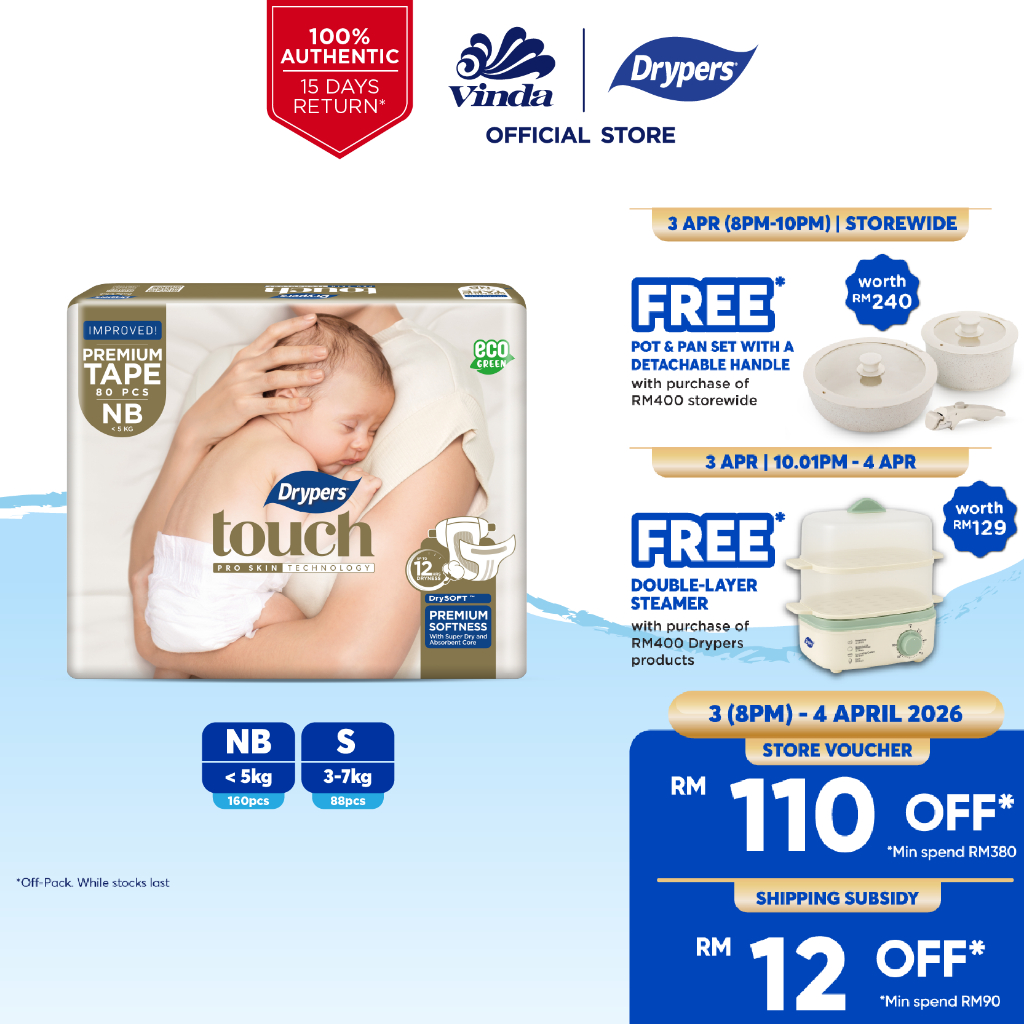 Drypers Touch Baby Diapers NB80 / S44 (1 Pack)