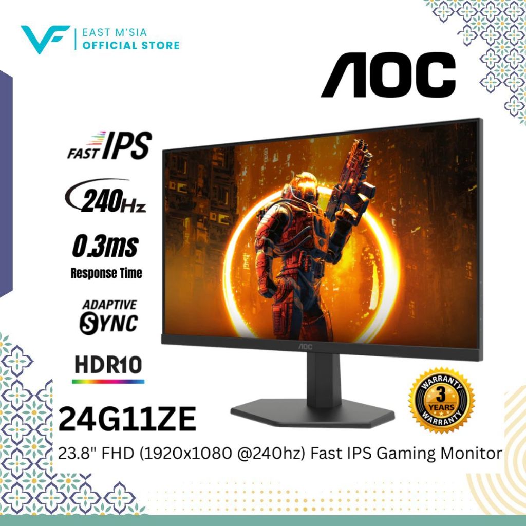 AOC 24G11ZE GAMING MONITOR ( 23.8" FAST IPS FHD / 1Ms / 240HZ / ADAPTIVE SYNC / HD MI + DP )