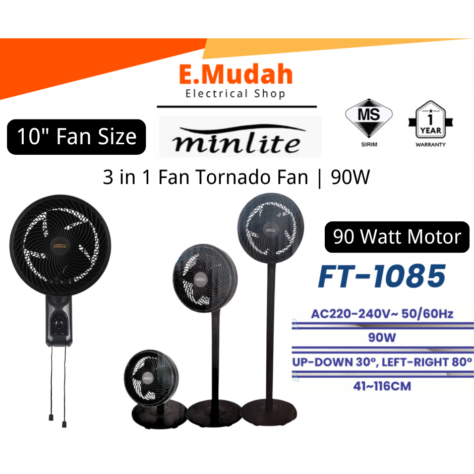 MINLITE 10" Stand Fan Wall Fan Table Fan Kipas Angin Berdiri Kipas Dinding Meja | 90 Watt 3 Speed Turbo Wind | FT-1085