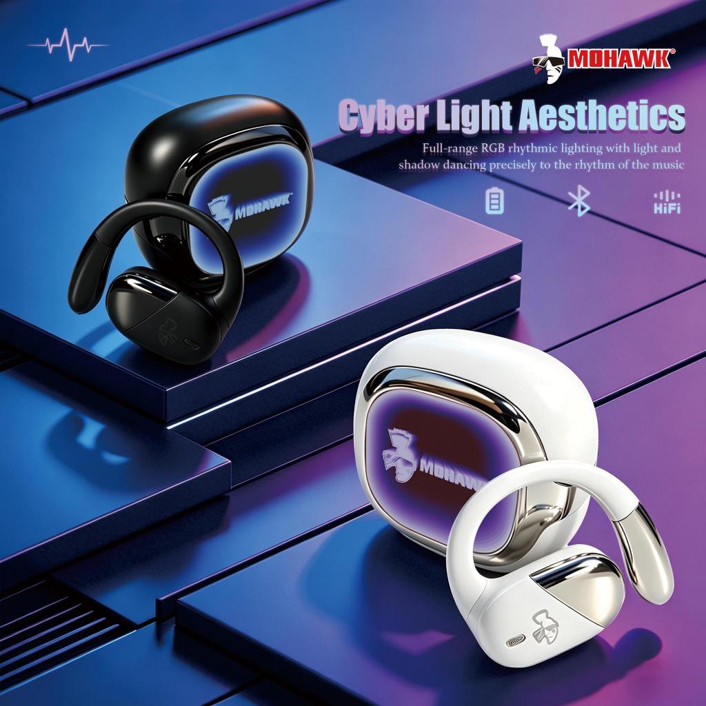 Mohawk Cyber Light Open-Ear Earbuds Bluetooth 5.4 RGB Light HiFi Sound Mic IPX4 Sport Gaming Wireless Earphone Black