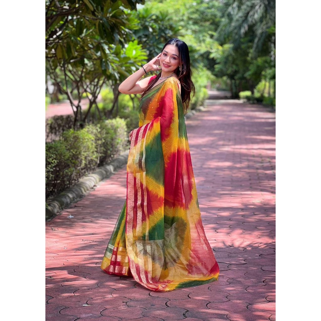 [PREORDER] NEW ARRIVAL ✨ Pure Organza Checks Saree with Artistic Batik Design