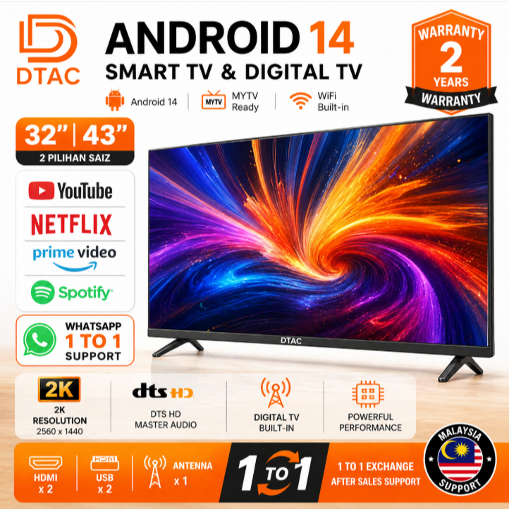 Televisyen Tv Digital Dtac 22/32/40/43 Inch Murah LED Kecil Digital Tv Full HD HDMI USB ANTENNA