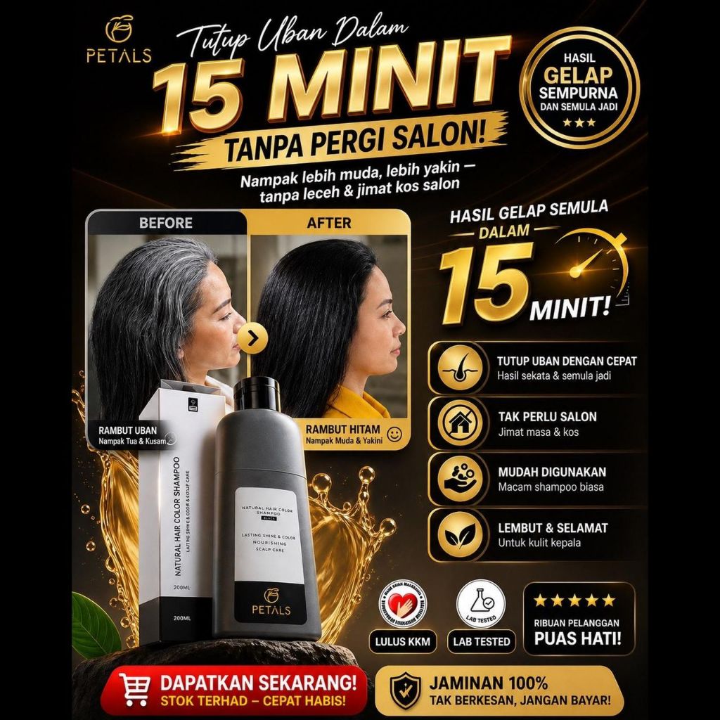 [HQ] Petals HAIR COLOR SHAMPOO Uban Halal Syampu Pewarna Rambut Telus Air Hitamkan Rambut Natural