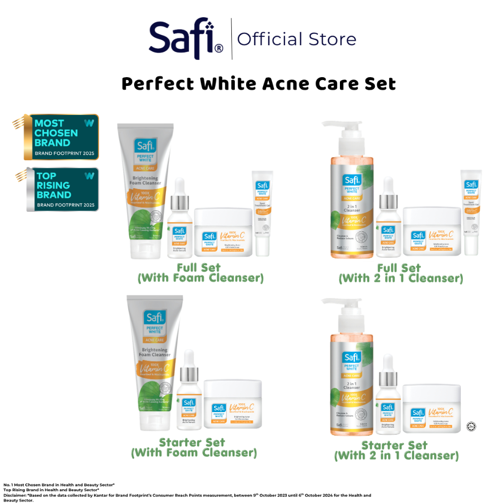Safi Perfect White Acne Care Full Set | Foam Cleanser | Serum | Moisturiser | Spot Treatment Gel | Heartleaf