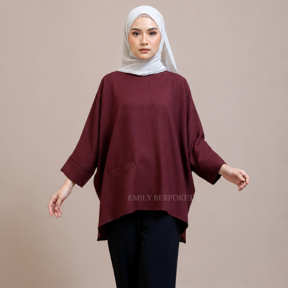 [JRS] Emily Blouse Berpoket Labuh Baju Loose Shirt Wanita Muslimah Clothing Soft Linen Flowy By JR Stitch Sdn Bhd