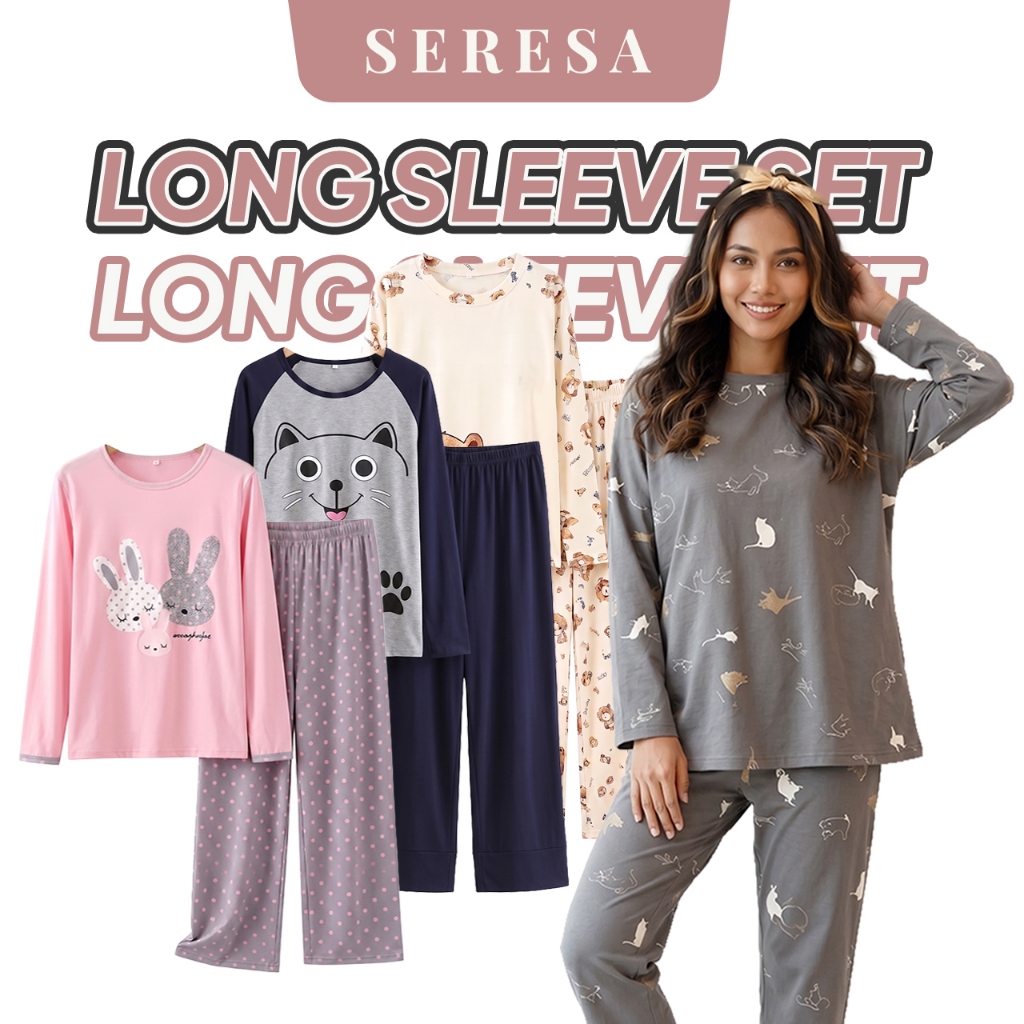 Sleepwear Women Adults Baju Tidur Wanita Soft Cotton Long Sleeve Pyjamas Set Comfortable Homewear