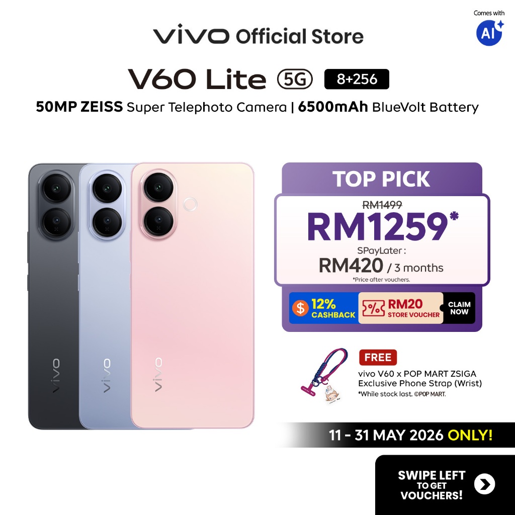 [Online Exclusive] vivo V60 Lite 5G 16*(8+8)GB+256GB 50MP ZEISS Super Telephoto Camera 7360-Turbo Dimensity AI Aura