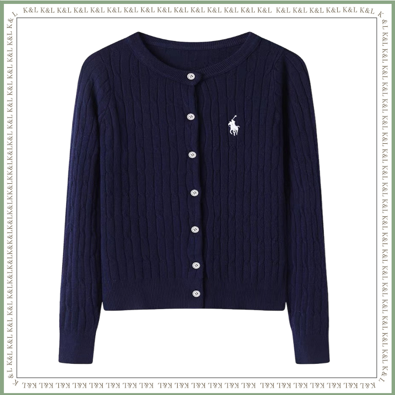 K&L Retro Women Dark Blue cardigan Autumn Winter Round Neck Long sleeve Embroidered Sweater