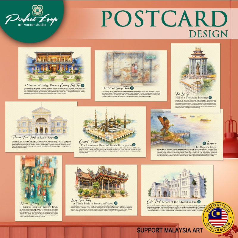 Postcard Design Malaysia Penang & Langkawi History Landmarks Watercolor Concept (BUY 10 FREE 1)