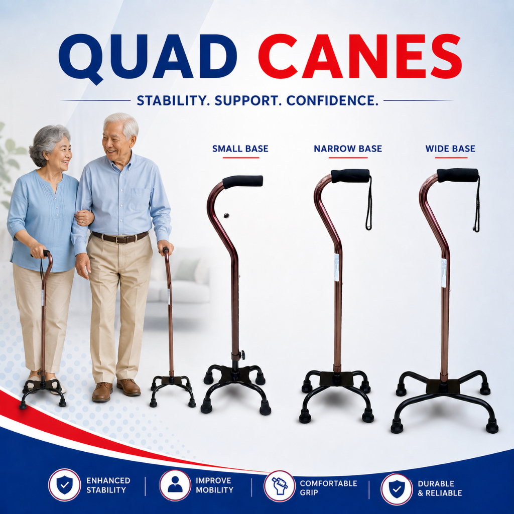 Premium Aluminium Lightweight Height Adjustable Quad Cane with Small / Narrow / Wide Base (Tongkat)