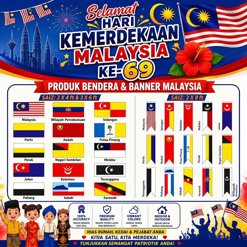 Bendera Malaysia & Bendera Negeri (3x6ft / 2x8ft / 2x4ft) / Banner Malaysia&Negeri / Malaysia Flag / Bendera Murah