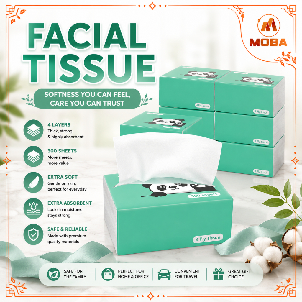 10 PACK 4 Ply 300 Sheets Green Panda Bamboo Tissue Paper 300 Sheets Premium Tissue Extra Soft & Absorbent Facial Tissue