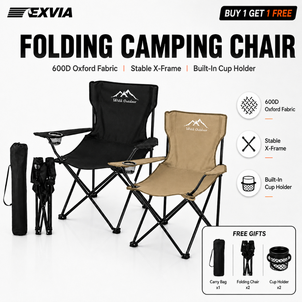【Buy 1 Free 1】Folding Camping Chair Kerusi Lipat Outdoor Fishing Beach Picnic Armrest Cup Holder Portable 150kg Heavy