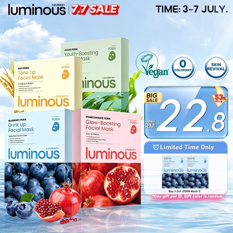 [NEW LAUNCH]COLORKEY LUMINOUS VEGAN PDRN COLOR FACIAL MASK 1box/10pcs Hydrates Glow& Brighten Skin Radiant Daily Mask