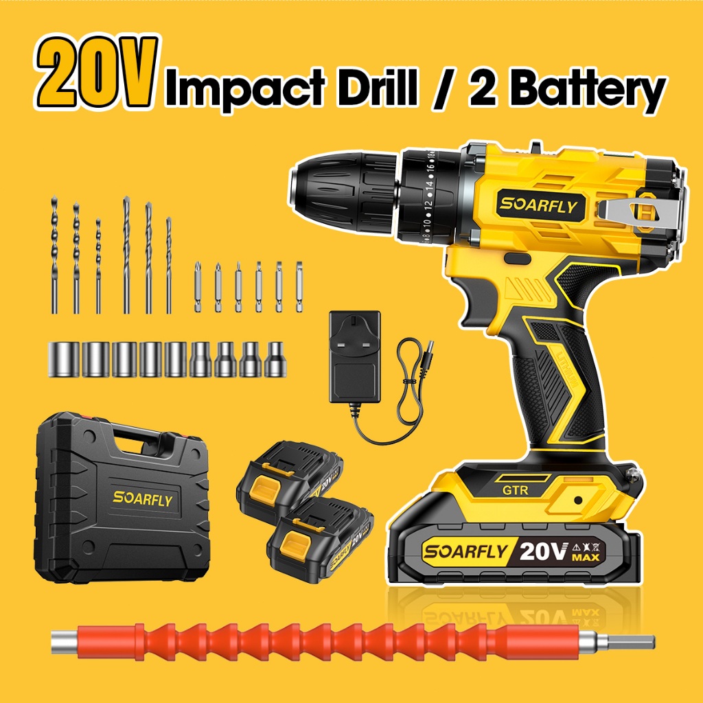 SOARFLY 20V MAX Cordless Drill Driver Impact Set, Yellow & Black Lithium-Ion Electric Drill Kit, for Home DIY & Repair