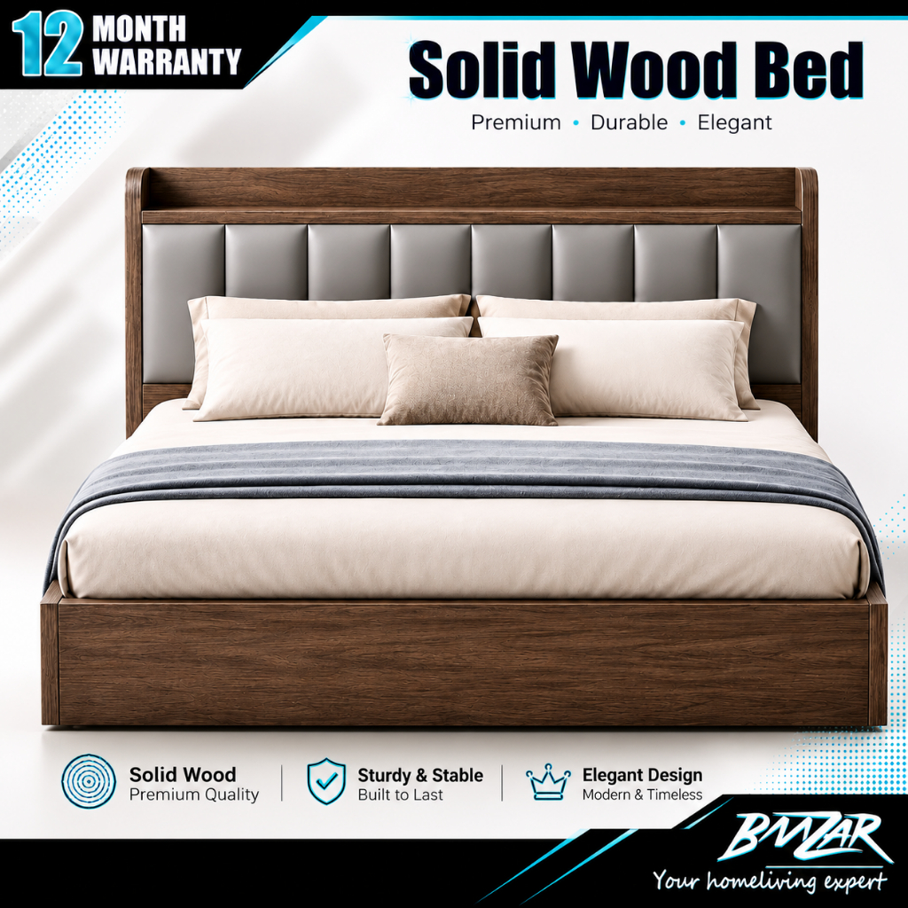 - Solid Wood Bed BedHead With Soft Bag Semi Double/Queen/King 1000KG Load-Bearing For Bedroom 實木床