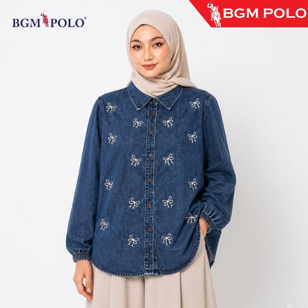 BGM POLO WOMAN DENIM BLOUSE 02 RIBBON (TEBAL) EMBRIODERY FULL BUTTON-BP-DBRE02T469FB-RJ1 Clothing Wanita Shirts