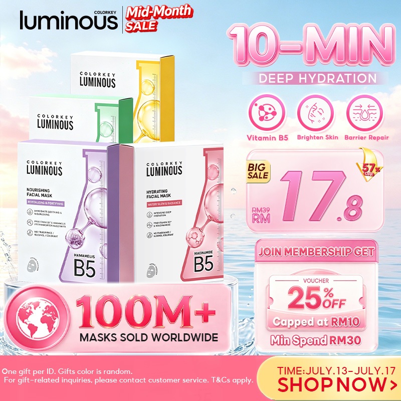 COLORKEY Luminous B5 Facial Serum Mask 10ea Deep Hydrating&Brightening 10-Min Daily Sheet Mask Niacinamide Glycyrrhiza