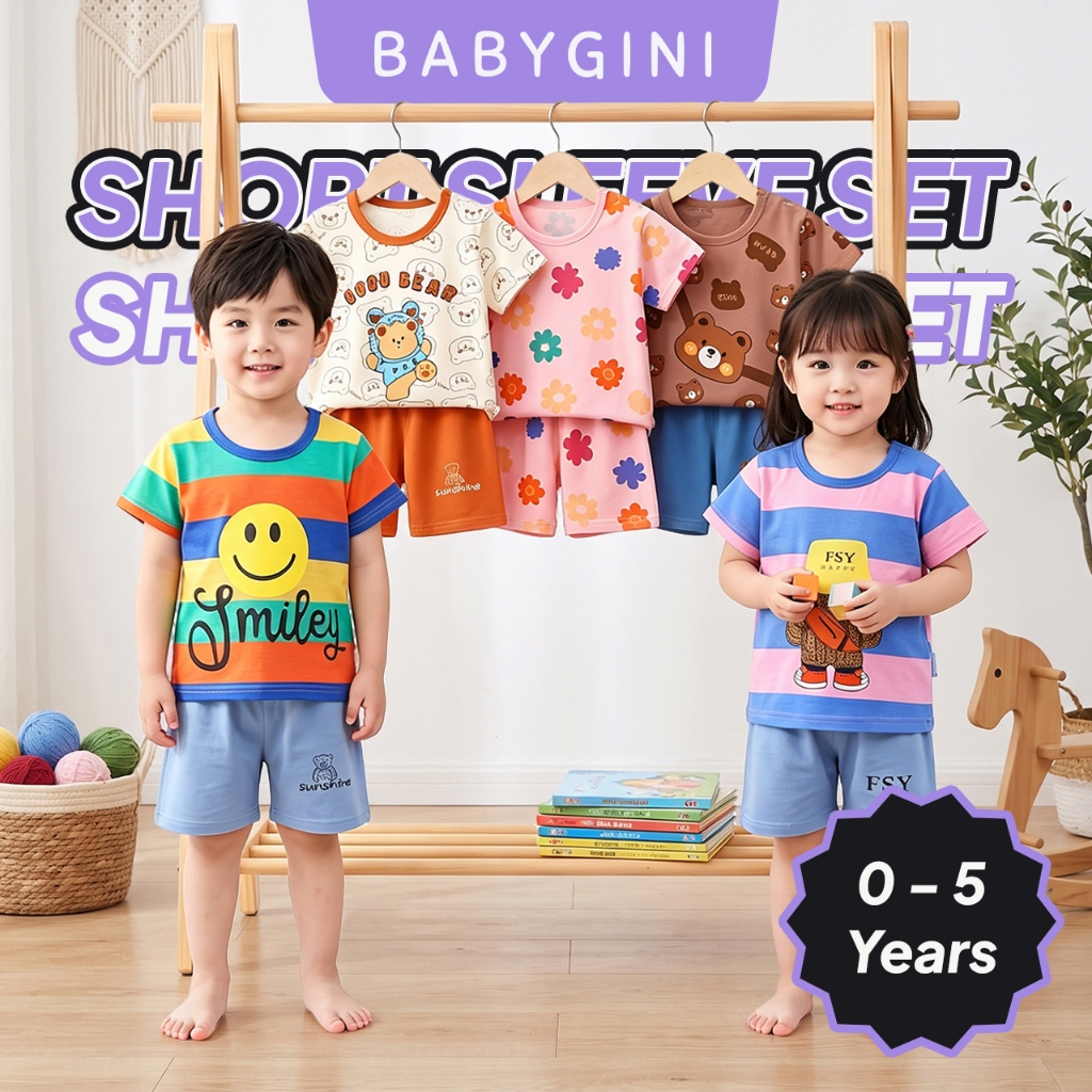 Budak Baju Lengan Pendek Set 0-5 Years Lelaki Perempuan Boy Girl Short Sleeve Set Unisex Cotton Soft